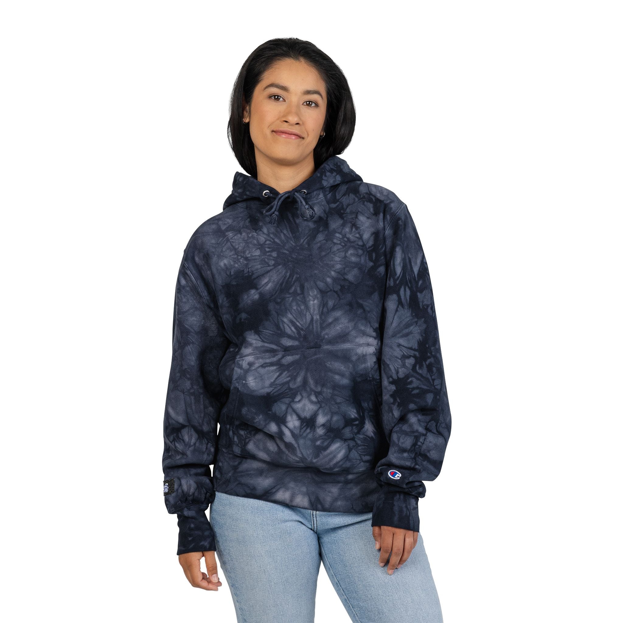 Tie-Dye Hoodie — Embroidered Champion Style, Black Marble